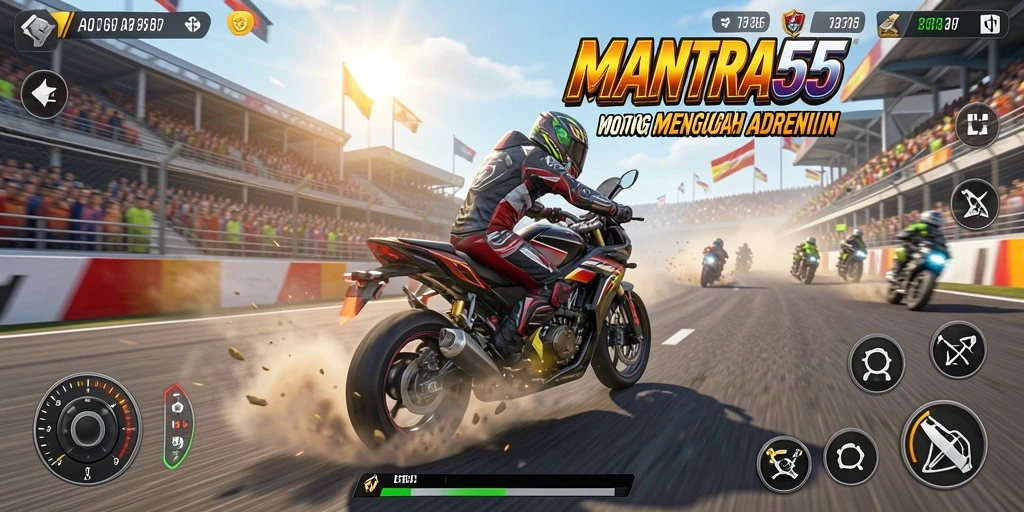 Tampilan gameplay penuh aksi di MANTRA55 dengan motor yang melaju kencang.