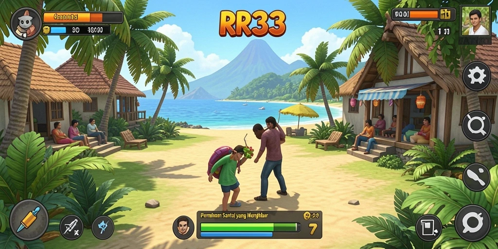 Screenshot gameplay RR33 menampilkan momen santai dan penuh warna.