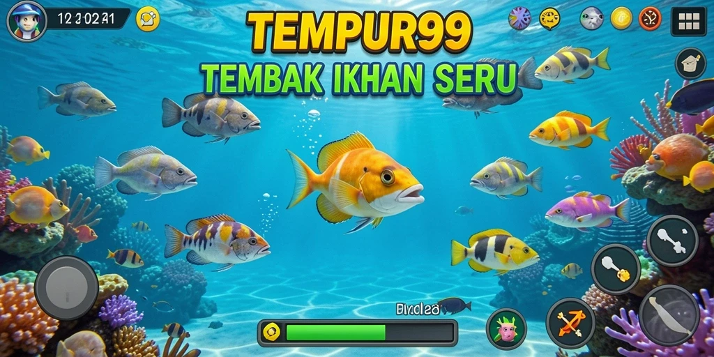 Screenshot gameplay TEMPUR99 menampilkan momen menembak ikan yang seru.